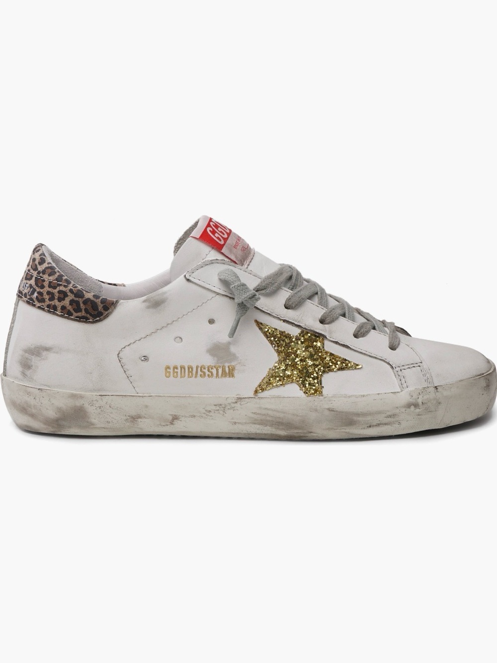 Golden Goose White Leather Sneaker with Gold Glitter Star and Leopard Heel